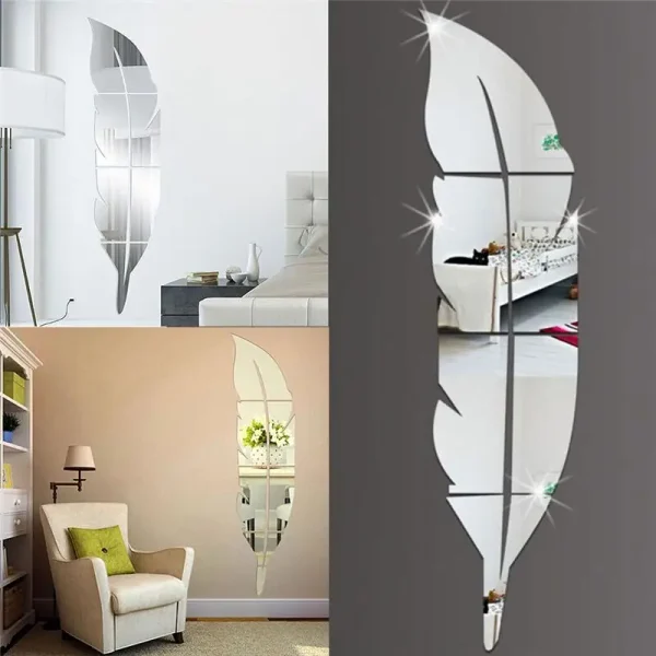 Large Feather Plume 3D Mirror Wall Sticker For Living Room Art Home Decor